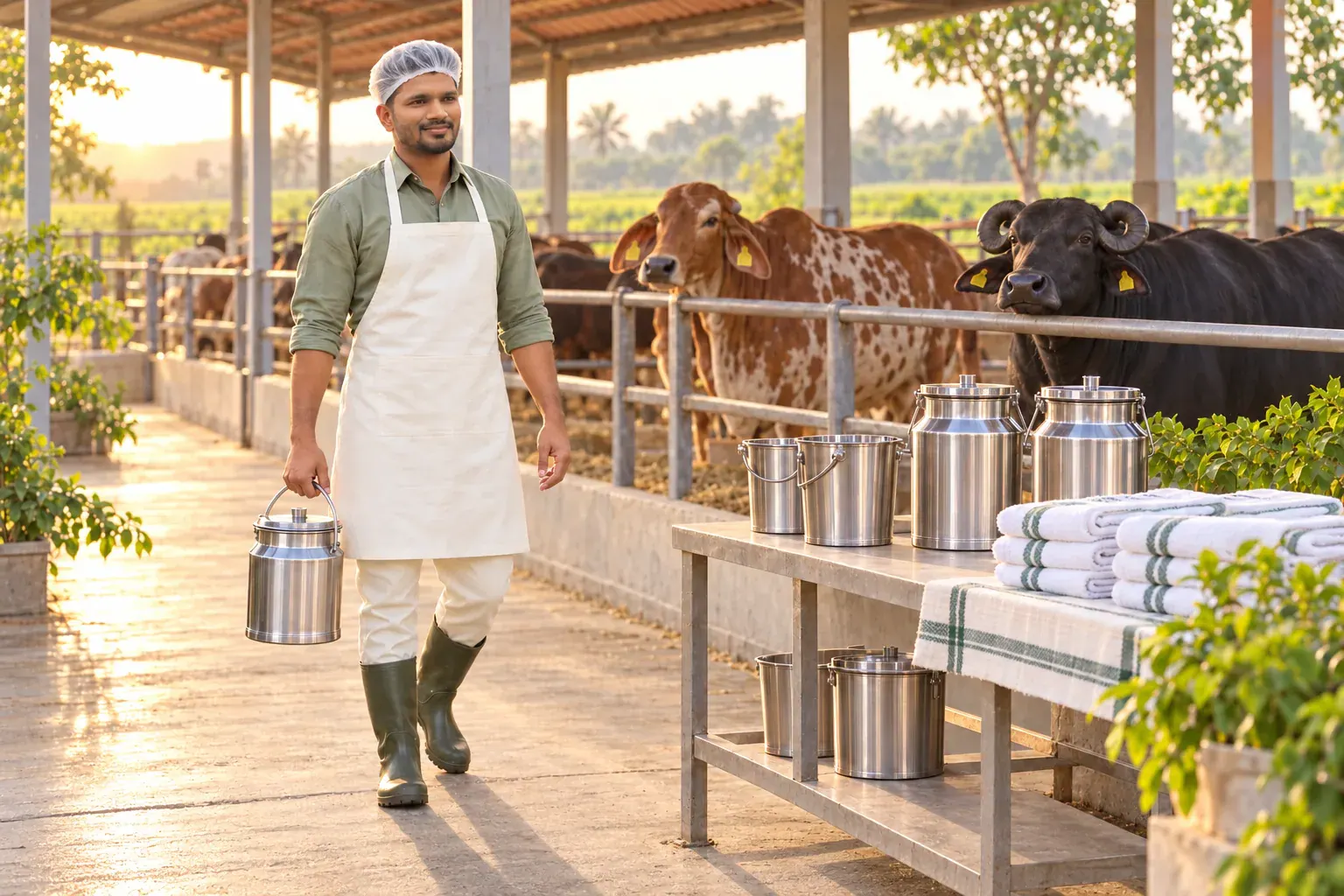 A dairy worker in clean protective clothing prepares stainless steel equipment in a sunlit cattle shed.
