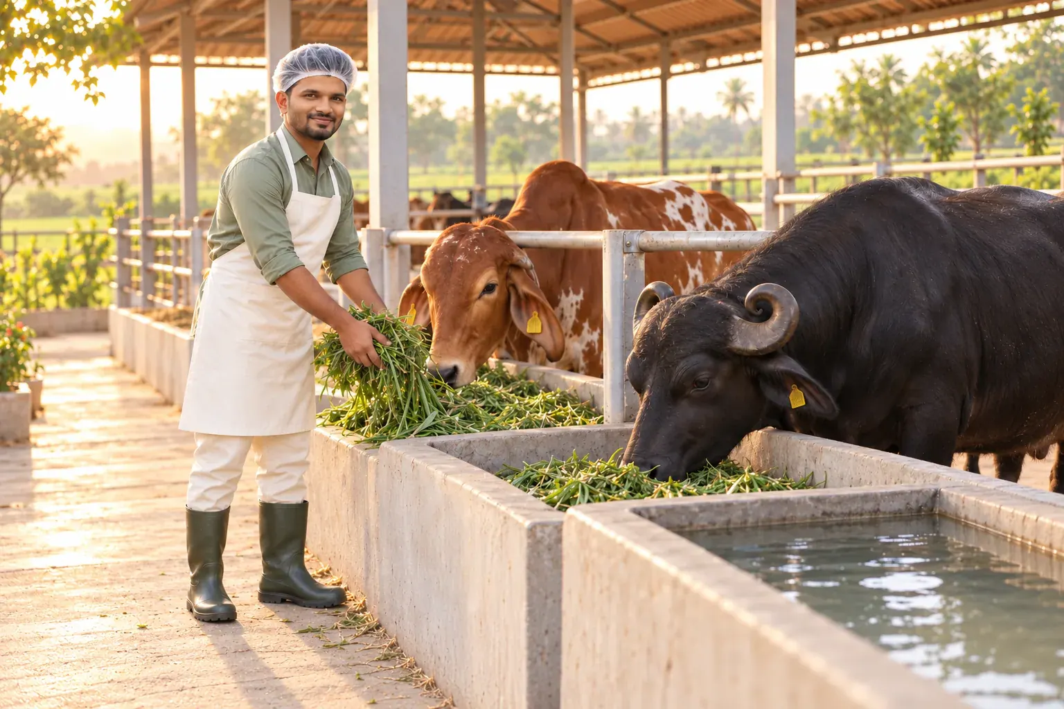 The Veda dairy worker offers fresh fodder to the Gir cow and Murrah buffalo in a clean shed