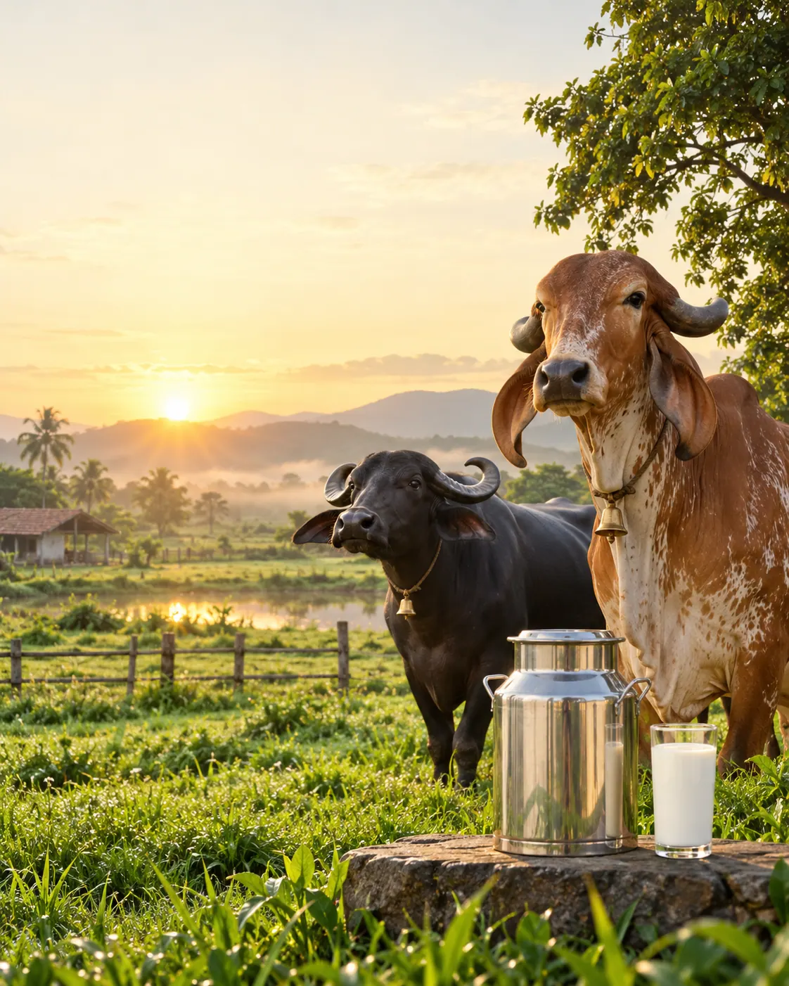 A Gir cow and Murrah buffalo together on a sunlit farm, beside a clean milk can